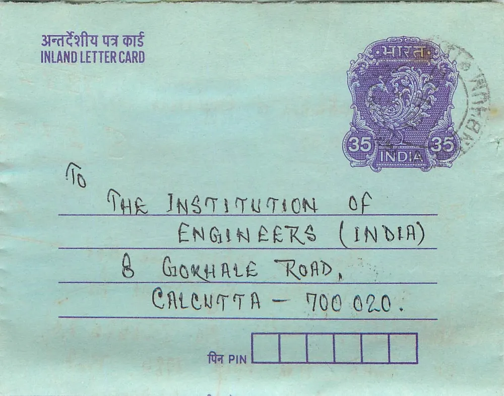 Carta postal interna indiana — Gandhi — 35 annas — destinada à Instituição dos Engenheiros da Índia em Calcutá - Frente