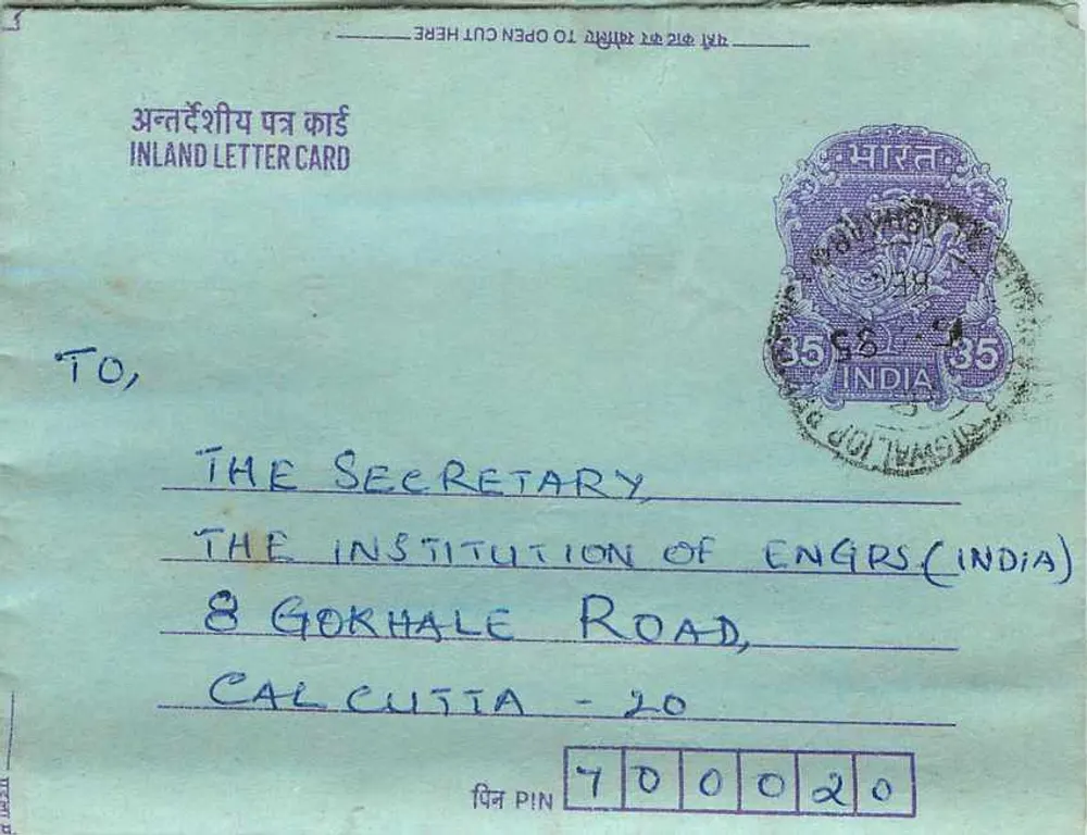Carte postale interna indiana — Gandhi — destinada à Instituição dos Engenheiros (Índia) em Calcutá - Frente