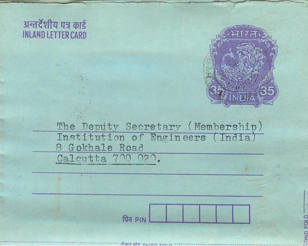 Carta postal interna indiana — Institution of Engineers (India) — Calcutta - Frente