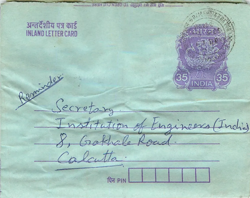 Carta postal interna indiana — Institution of Engineers (India) — Calcutá — selo de 35 annas - Frente