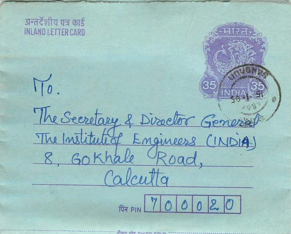 Carta postal interna indiana — Instituto dos Engenheiros (Índia) — Calcutá - Frente