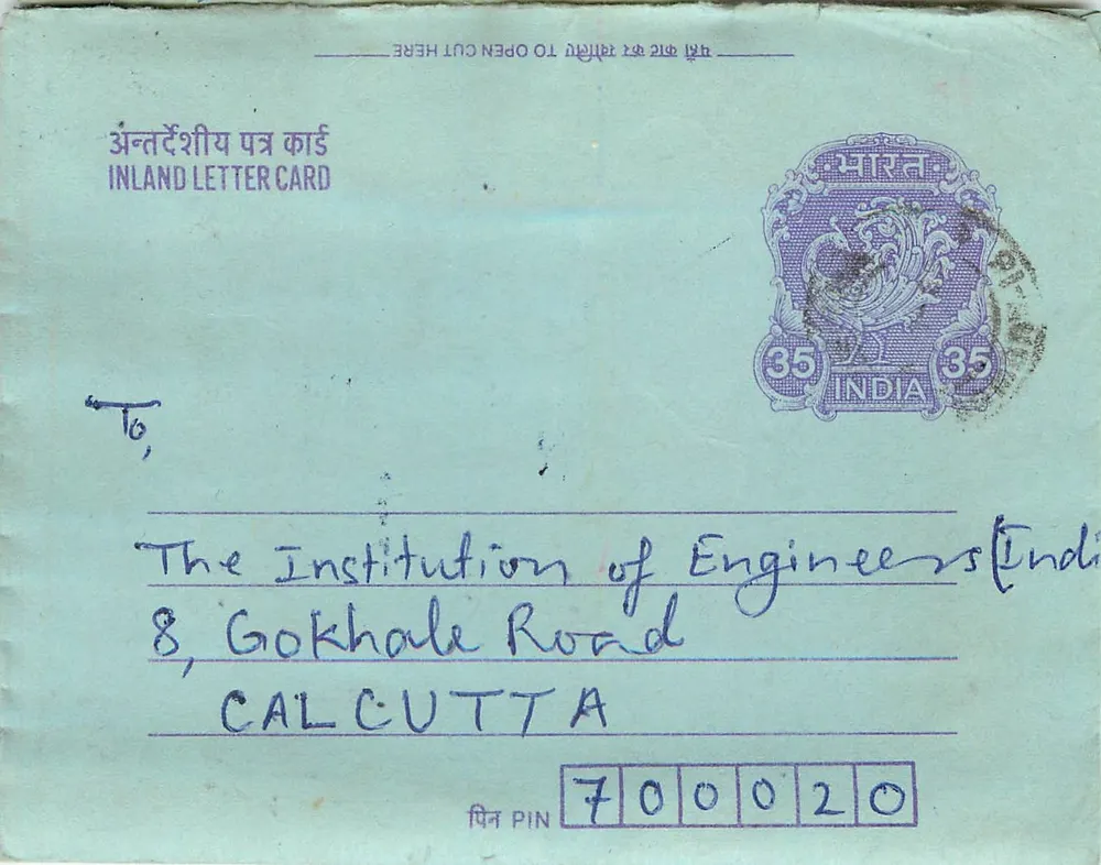 Carta postal interior indiana — Institution of Engineers, Calcutta — editor: India, n° de série: 35 - Frente