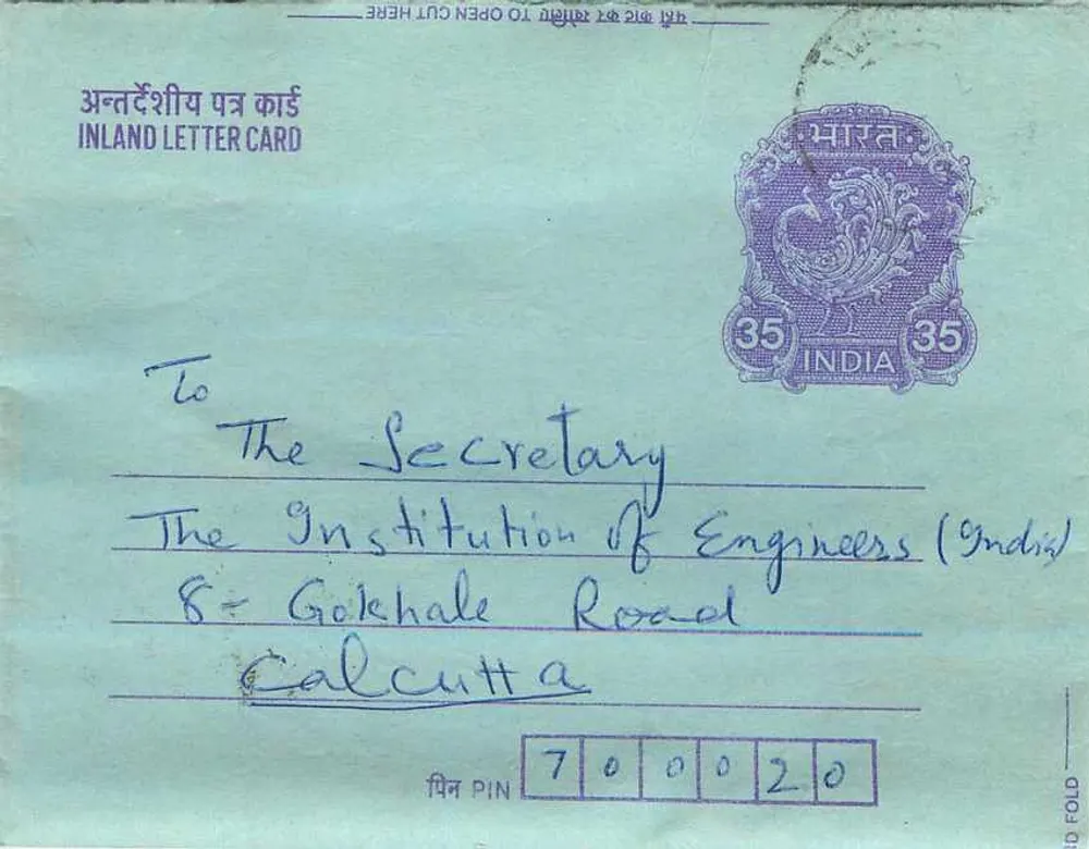 Carta postal interna indiana — Gandhi — 35 annas — destinada à Institution of Engineers (Índia) em Calcutá - Frente