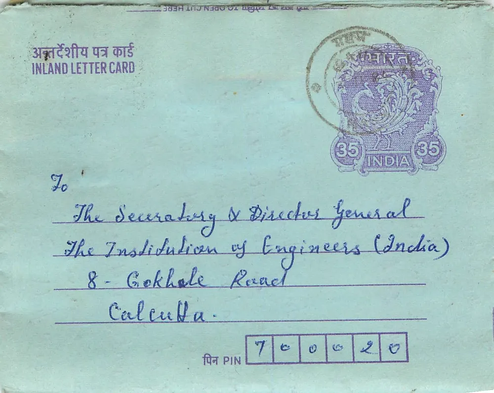 Carte postale intérieure indienne — M.P. Sheeran, Margao — destinée à l'Institution des Ingénieurs d'Inde, Calcutta - Frente