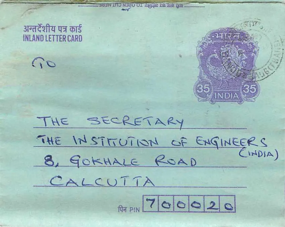 Carta postal interna indiana — Gandhi — destinada à Institution of Engineers (Índia) — editor: India Post - Frente