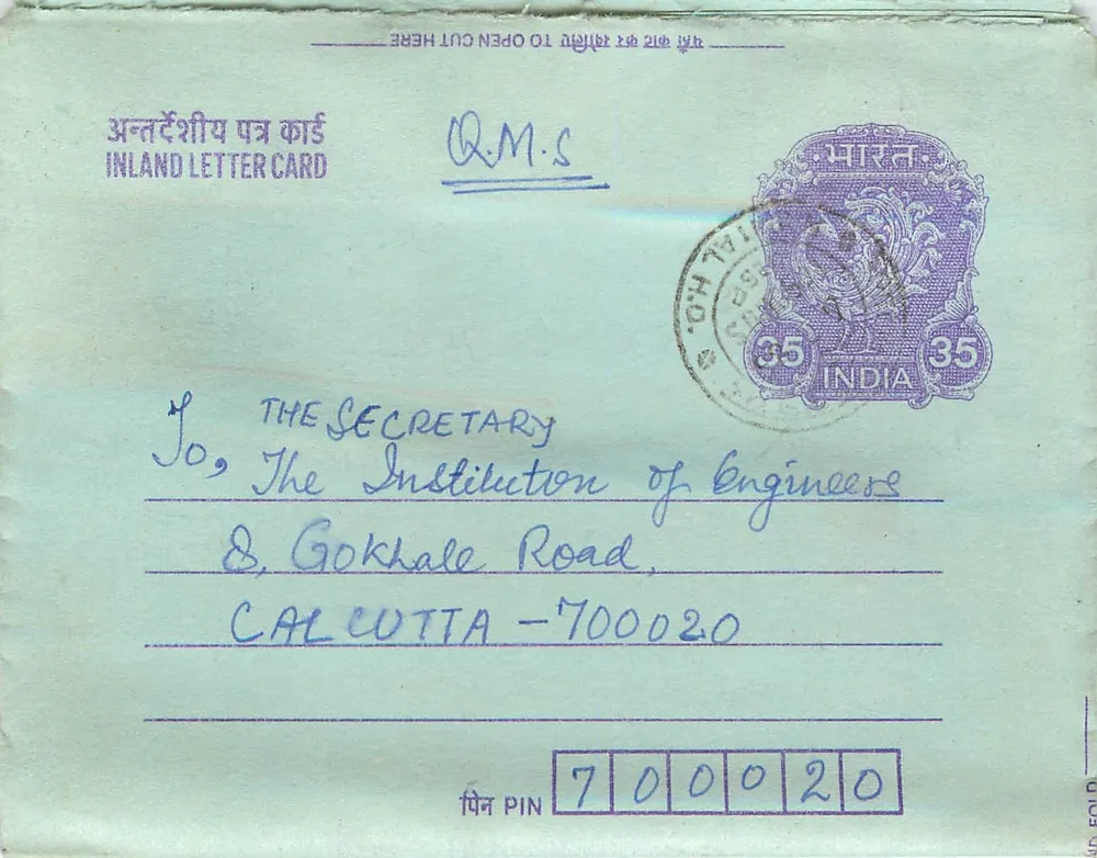 Carta postal interna indiana — Calcutá — editor não visível - Frente