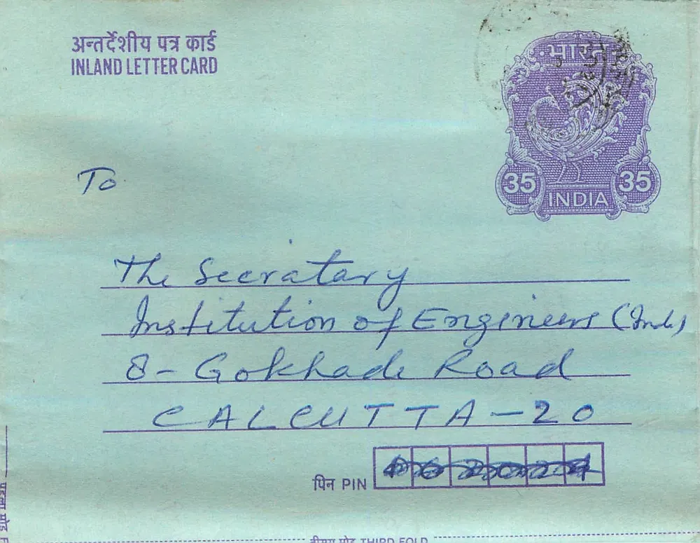 Cartão postal interno indiano — Institution of Engineers (Ind) em Calcutá — selo de 35 anos — Gandhi - Frente