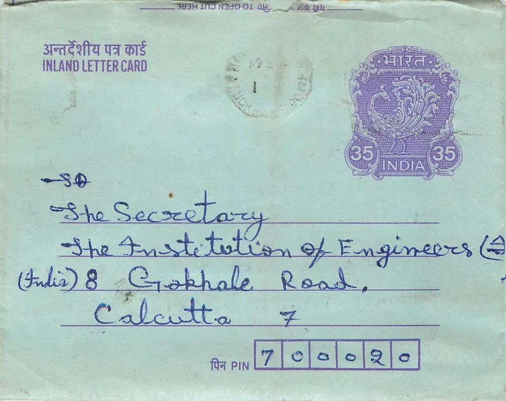 Carte postal interior indiana — Gandhi — 35 annas — destinada à Instituição de Engenheiros (Índia) - Frente