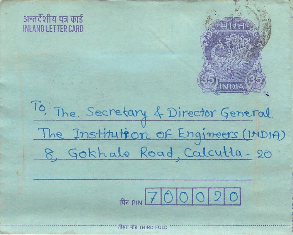 Carta postal interna indiana — Institution of Engineers (INDIA) — Calcutta — carimbo 35 annas - Frente