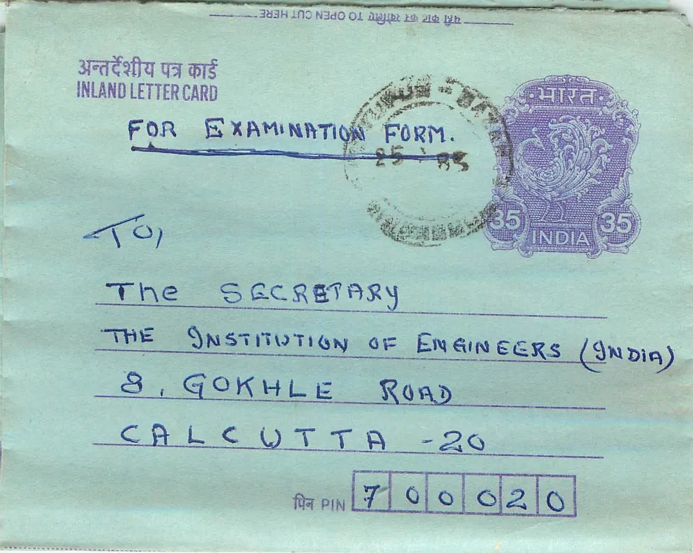 Carta postal interna indiana — para formulário de exame — destinada à Instituição de Engenheiros (Índia) em Calcutta - Frente
