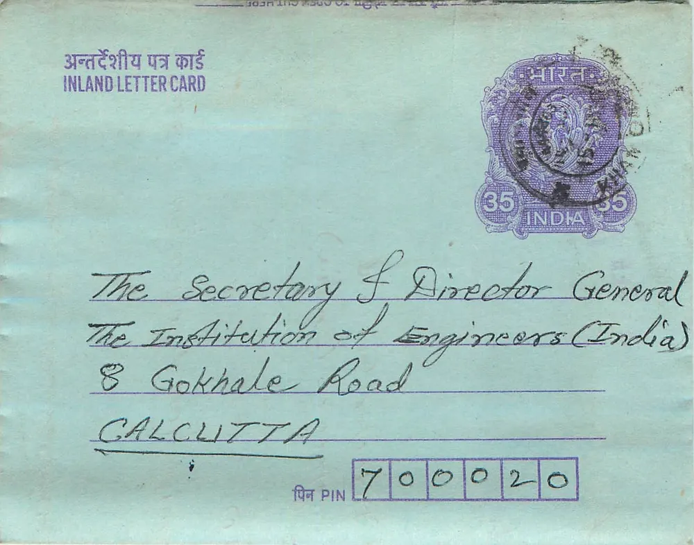 Carta postal interior indiana — Instituto de Engenheiros (Índia) — B.U. Gaikwad - Frente