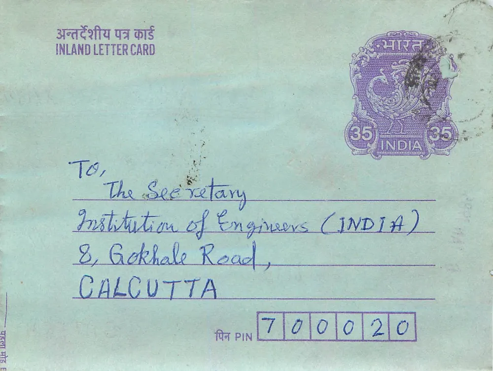Carta postal interna indiana — Gandhi — 35 annas — destinada à Institution of Engineers (INDIA) em Calcutta - Frente