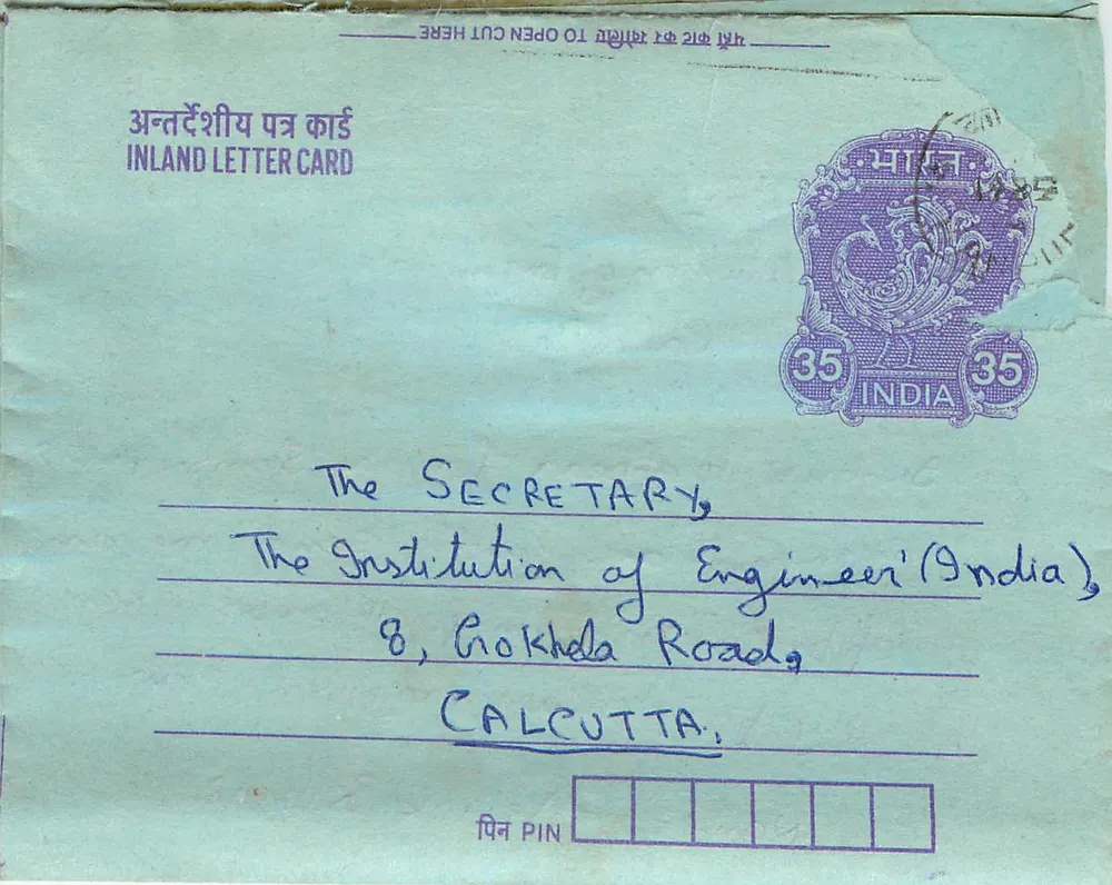 Carta postal interior — Calcutta, Índia — editor: India Post, n° de série 35 - Frente