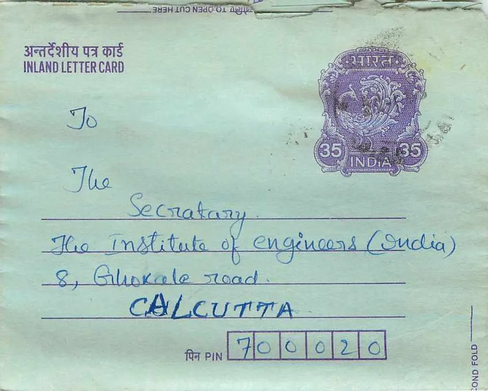 Carta postal interna indiana — Instituto dos Engenheiros da Índia, Calcutá — selo de 35 annas - Frente
