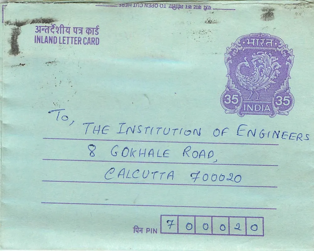 Carta postal interna indiana — 35 annas — destinada à Institution of Engineers em Calcutta — enviada de Bombay - Frente
