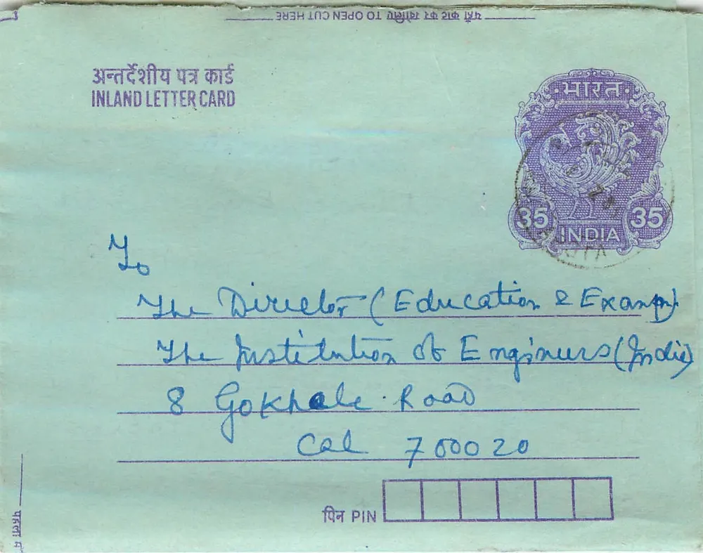 Carta postal interior indiana — Sankar Nair, Vil + P.O. Kholepole — selo de 35 annas, obliteração de Mumbai - Frente