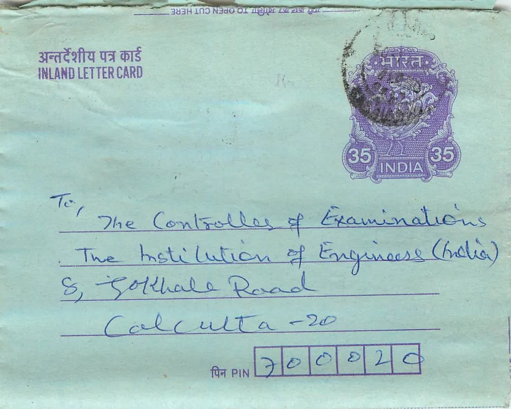 Carta postal interna — Índia — 35 annas — destinada à Institution of Engineers (India) em Calcutá - Frente