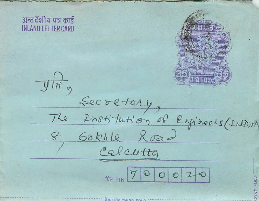 Carta postal interna indiana — Gandhi — 35 annas — destinada à Institution of Engineers (INDIA) — Calcutta - Frente