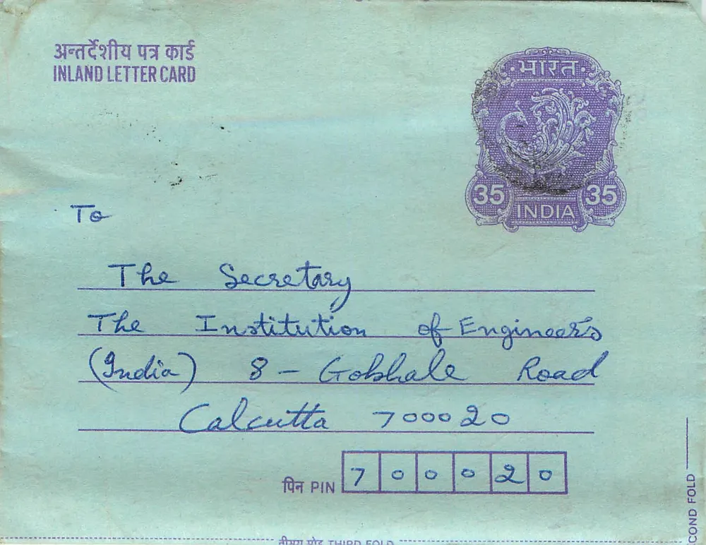 Carta postal interna indiana — Institution of Engineers (India) — Calcutá — selo de 35 annas - Frente