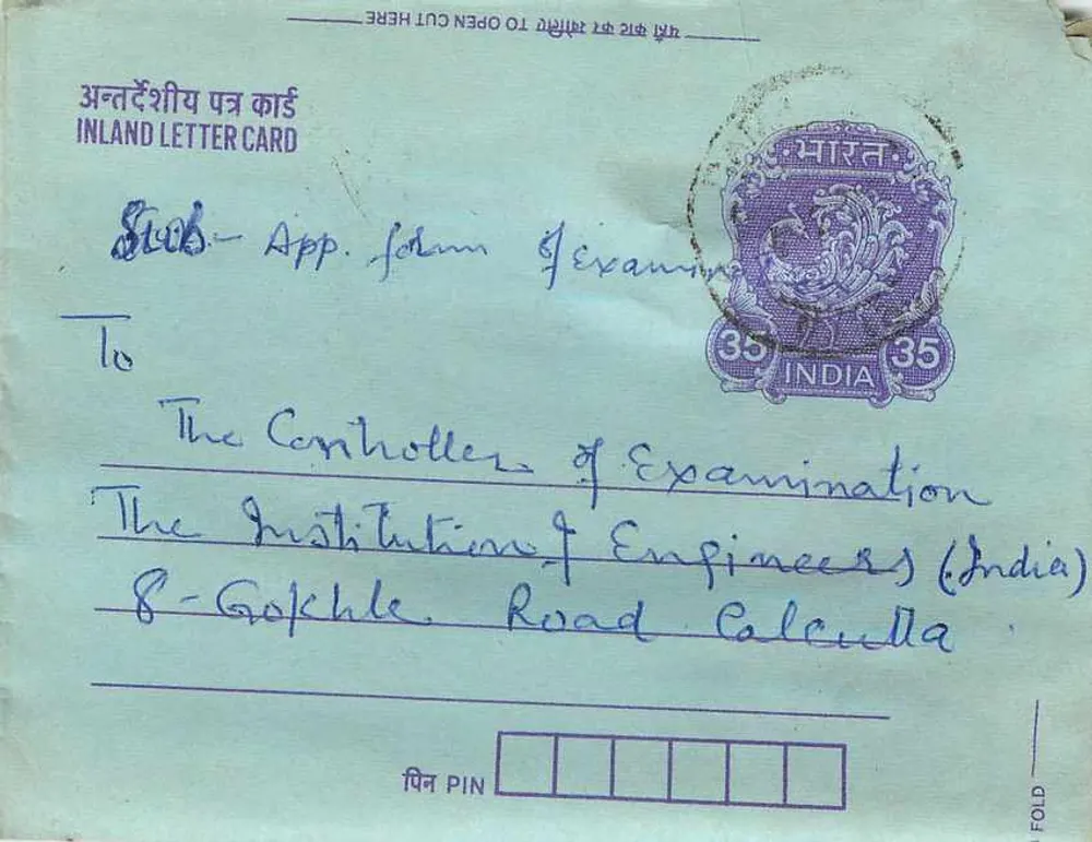 Carta postal interna indiana — S.P. Jangra em Calcutá — selo de 35 annas - Frente