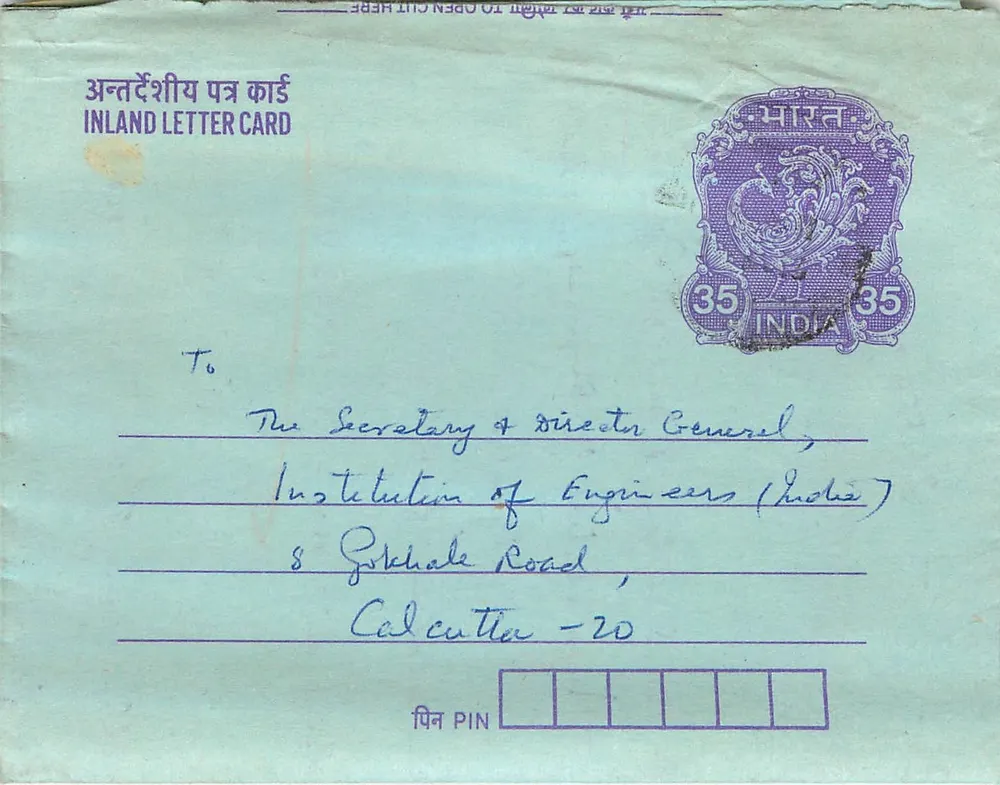 Carta postal interior indiana — Gandhi — 35 annas — destinada à Institution of Engineers (India) em Calcutta - Frente