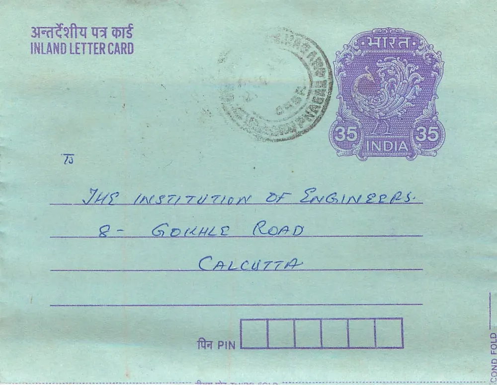 Carta postal interna indiana — Gandhi — 35 annas — destinada à Institution of Engineers, Calcutta - Frente
