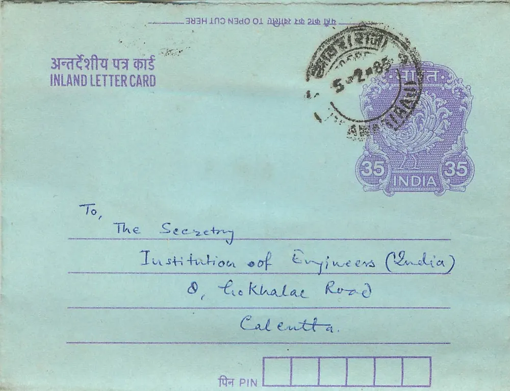 Carta postal interna indiana — Institution of Engineers (India) — N.L. Sharma, Jodhpur - Frente