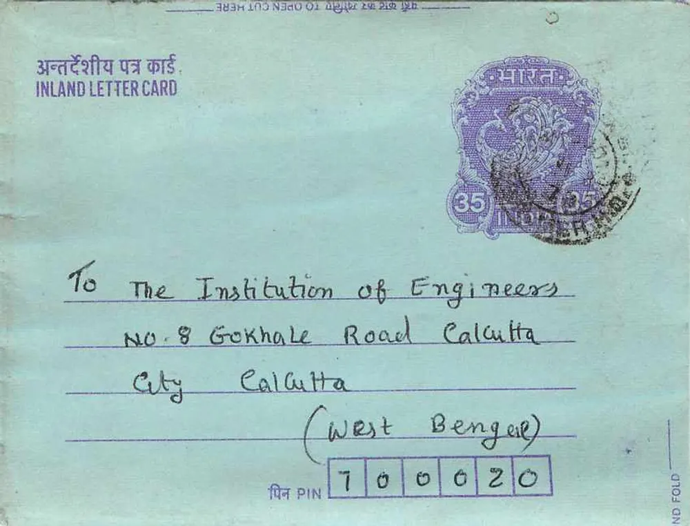 Carta postal interna indiana — Institution of Engineers, Calcutta — editor não visível - Frente