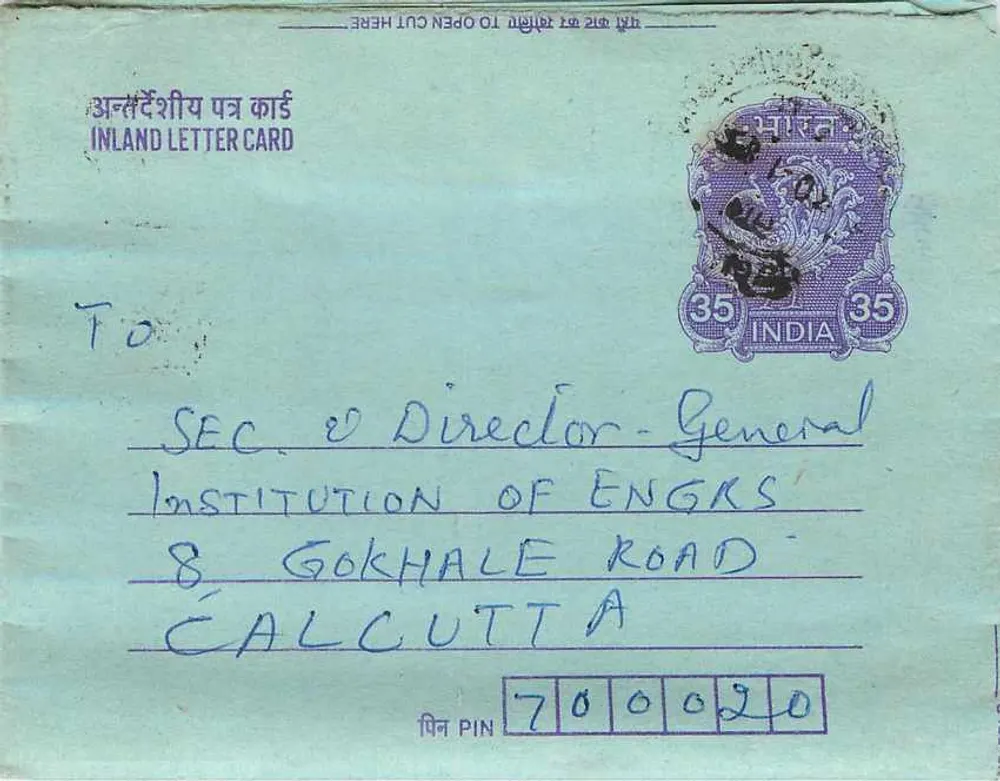 Carta postal interna indiana — Gandhi — destinada à Instituição dos Engks em Calcutta - Frente
