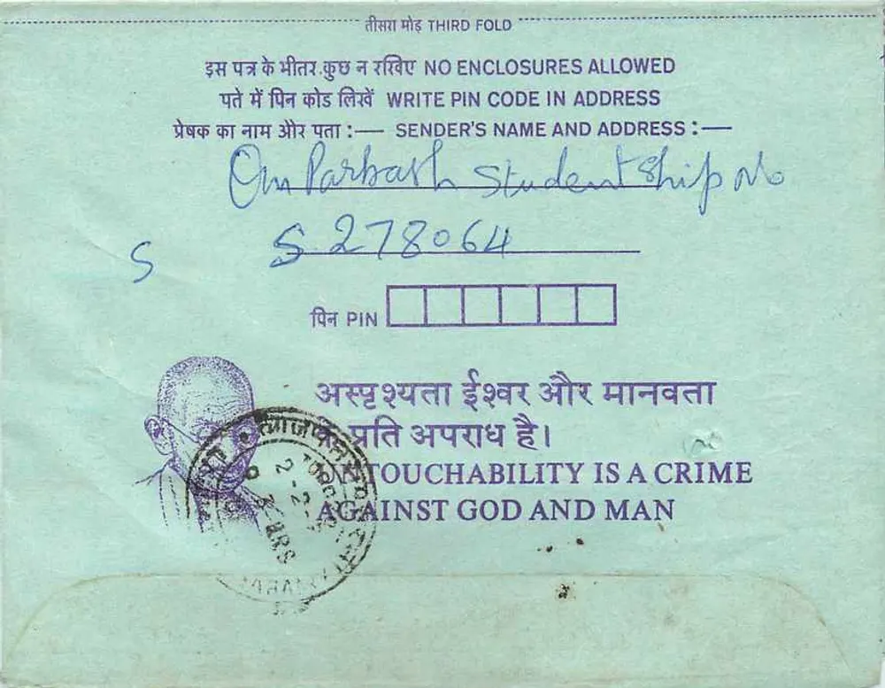 Carta postal interna indiana — Gandhi — destinada à Instituição dos Engks em Calcutta - Verso