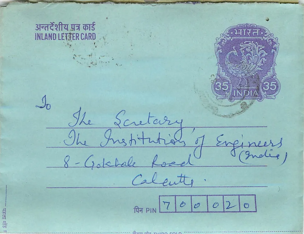 Carta postal interna indiana — 35 annas — destinada à Instituição dos engenheiros da Índia em Calcutá - Frente