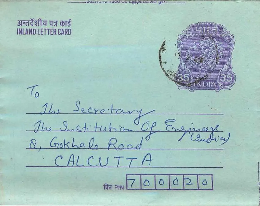 Carta postal interna indiana — Ravi Kank à Institution of Engineers, Calcutta — selo 35 annes - Frente