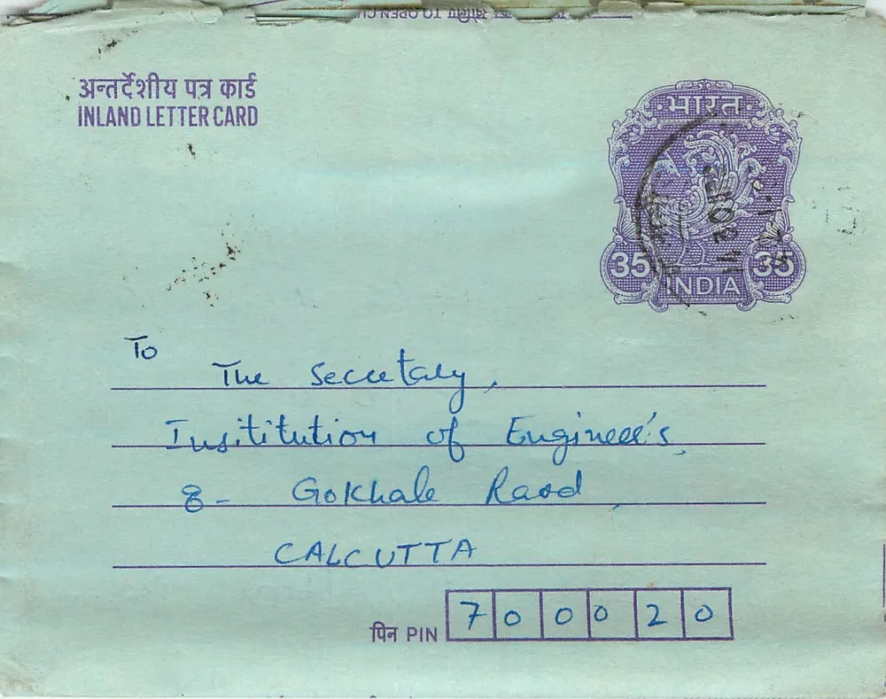 Carta postal interna indiana — 35 annas — destinada à Institution of Engineers, Calcutta - Frente
