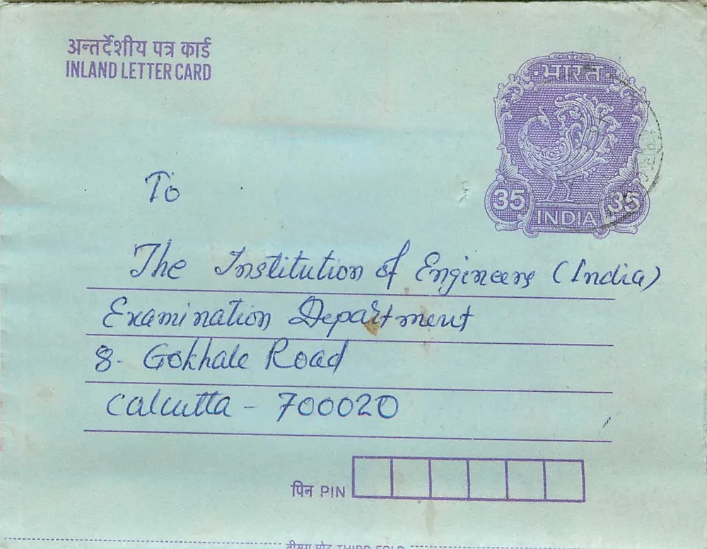 Carta postal interior indiana — Institution of Engineers (India) — 35 annas - Frente