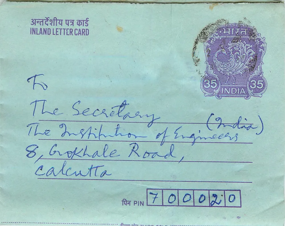 Carta postal interna indiana — Gandhi — 35 annas — destinada à Institution of Engineers em Calcutta - Frente