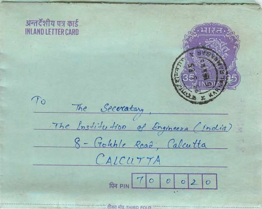 Carta postal interna indiana — Institution of Engineers (India), Calcutá — editor: India Post, número de série: INLAND LETTER CARD - Frente