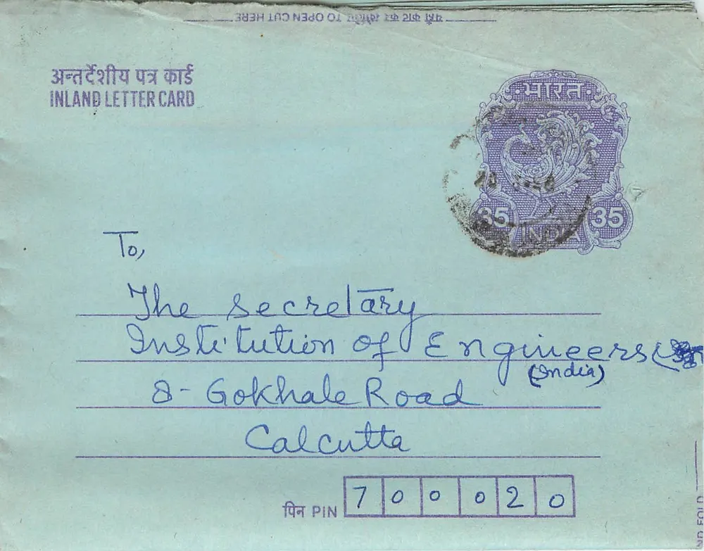 Carta postal interna indiana — Institution of Engineers (Indie) — editor não visível - Frente