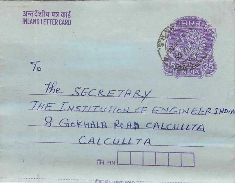 Carta postal interior indiana — Gandhi — 35 annas — destinada à Instituição de Engenheiros da Índia em Calcutá - Frente