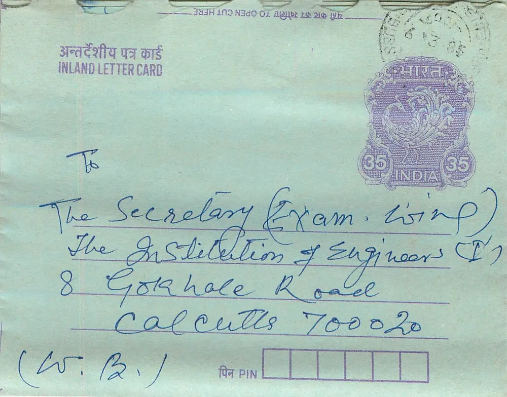 Carta postal interna indiana — Institution of Engineers, Calcutta — selo de 35 p. — editor: India Post - Frente