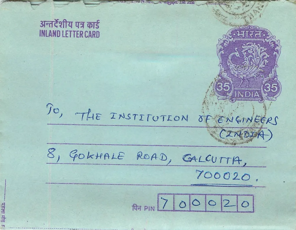 Carta postal interna indiana — Institution of Engineers (India) — editor não visível - Frente