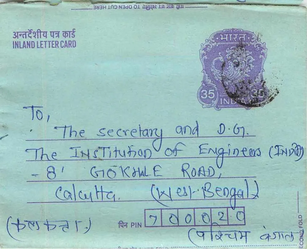 Carta postal interior indiana — Abhay Rajan Goyal, Mohanla, West Bengal — destinada à Institution of Engineers (India) em Calcutta - Frente