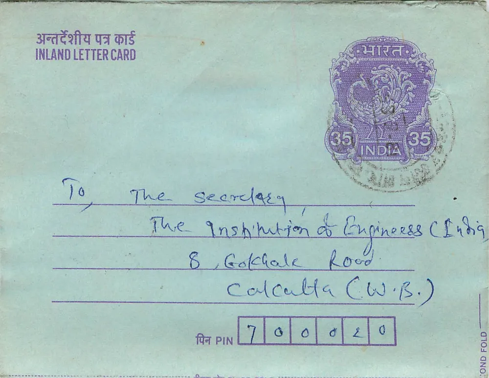 Carta postal interior indiana — selo de 35 annas — destinada à Instituição de Engenheiros (Ludig) em Calcutta - Frente