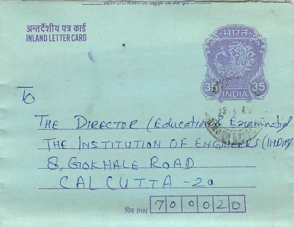 Carta postal interna indiana — Gandhi — 35 annas — destinada à Institution of Engineers (Indy) - Frente