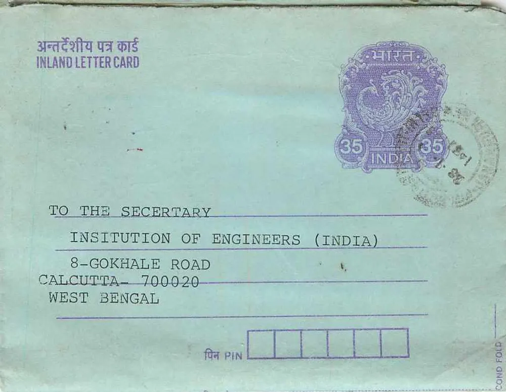 Carta postal interna indiana — Calcutta — 35 annas — texto anti-untouchabilidade — destinatário: Institution of Engineers (India) - Frente