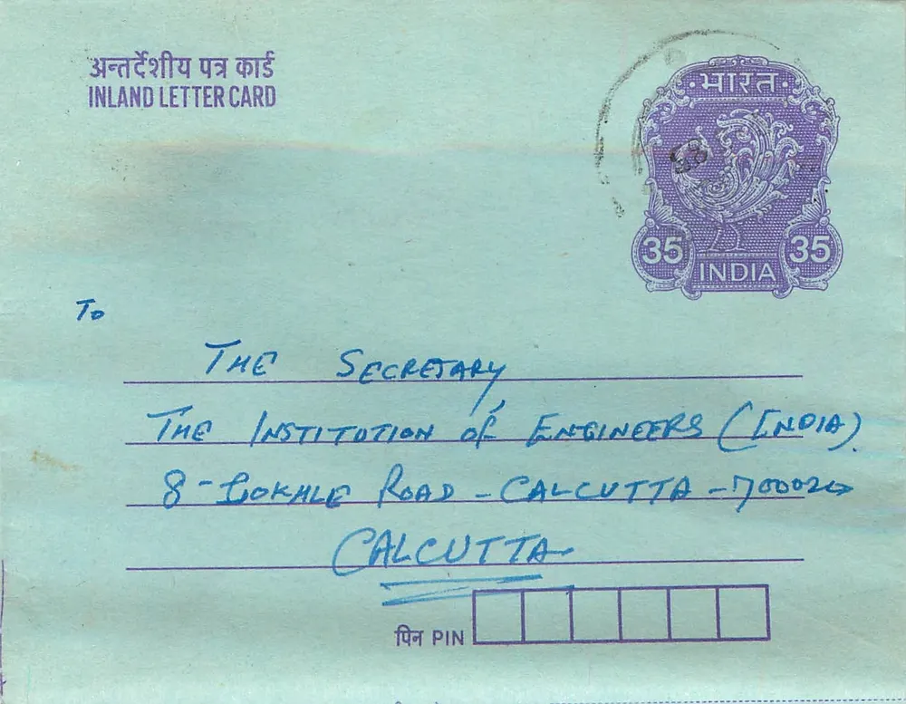 Carta postal interna indiana — Institution of Engineers (India) — Calcutá - Frente