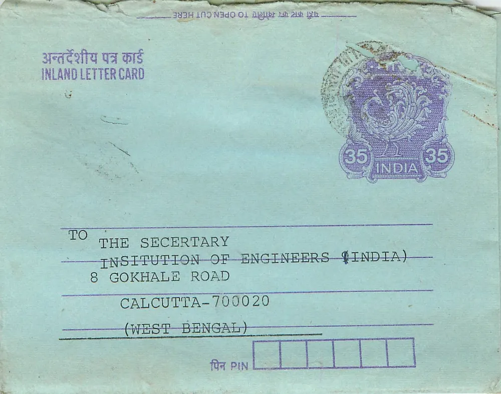 Carta postal interna indiana — Institution of Engineers (India) — Calcutta - Frente