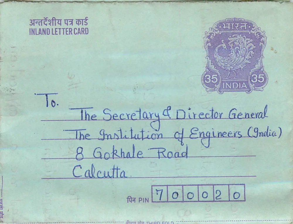 Carta postal interna indiana — 35 annas — destinada à Instituição dos Engenheiros da Índia em Calcutá — enviada de Lucknow - Frente