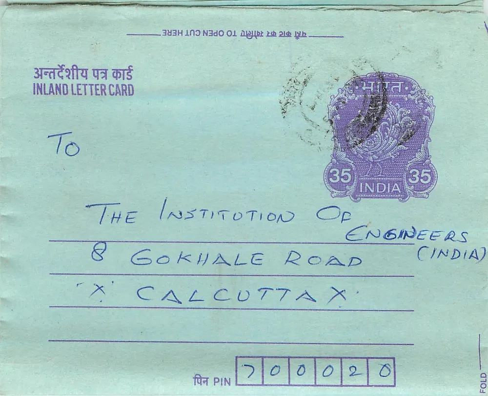 Carta postal interna indiana — Institution of Engineers, Calcutta — editor não visível - Frente