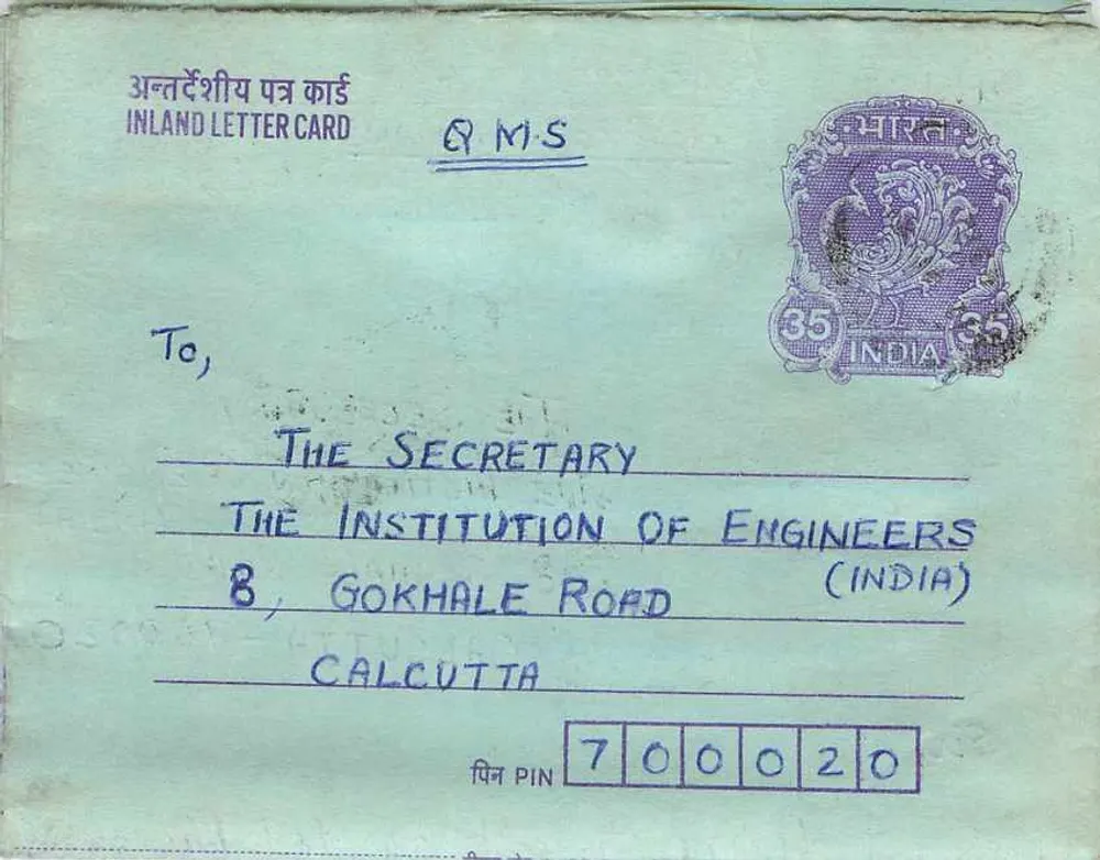 Carta postal interna indiana — Institution of Engineers (Índia) — Rabinder Singh Bajura, Nova Deli - Frente