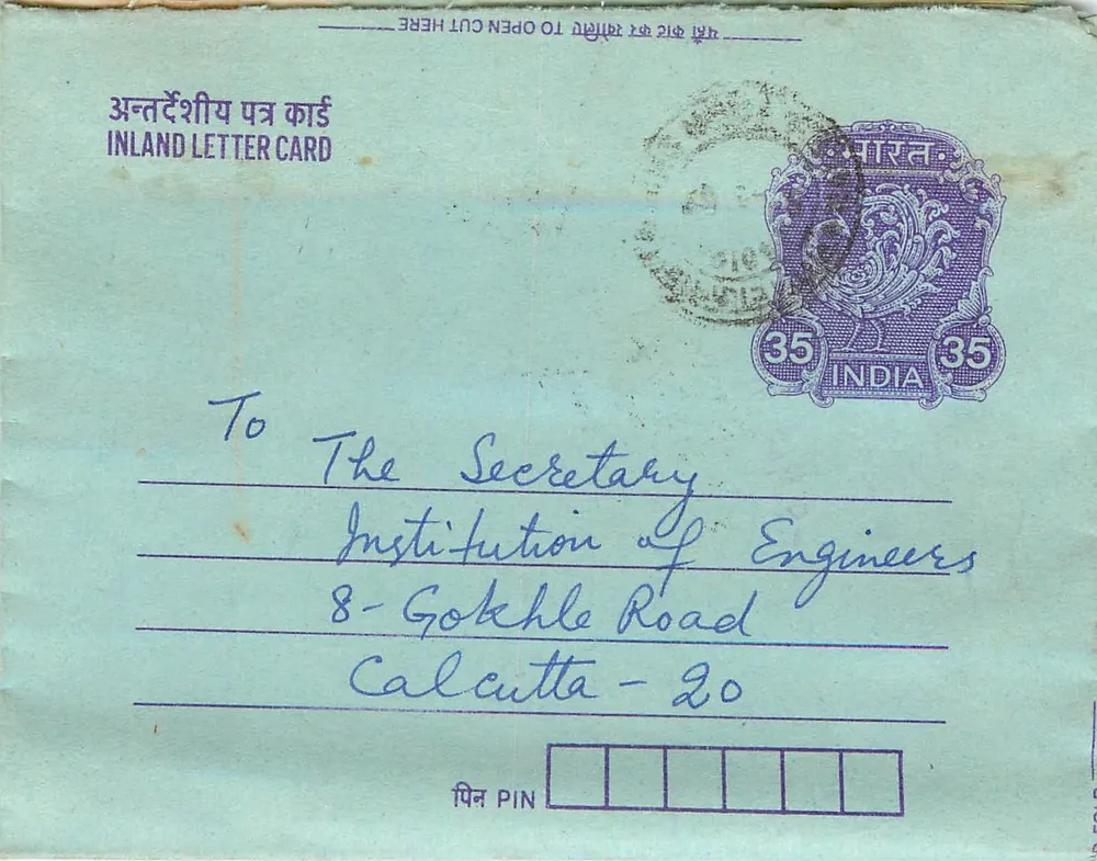 Carta postal interior indiana — Institution of Engineers, Calcutta — editor não visível - Frente